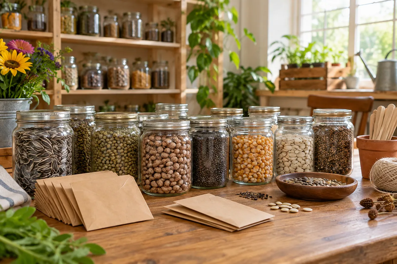 A community seed library with orderly plain glass jars and small blank kraft envelopes on a wooden table.
