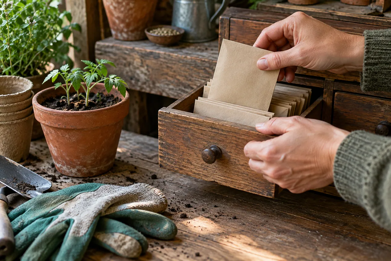 Two adult hands placing plain seed envelopes into a small wooden drawer.